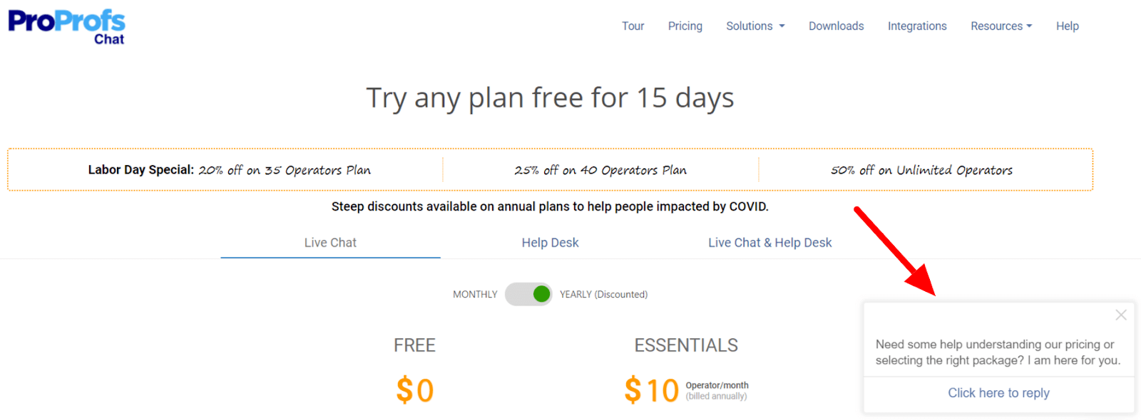live chat pricing page help