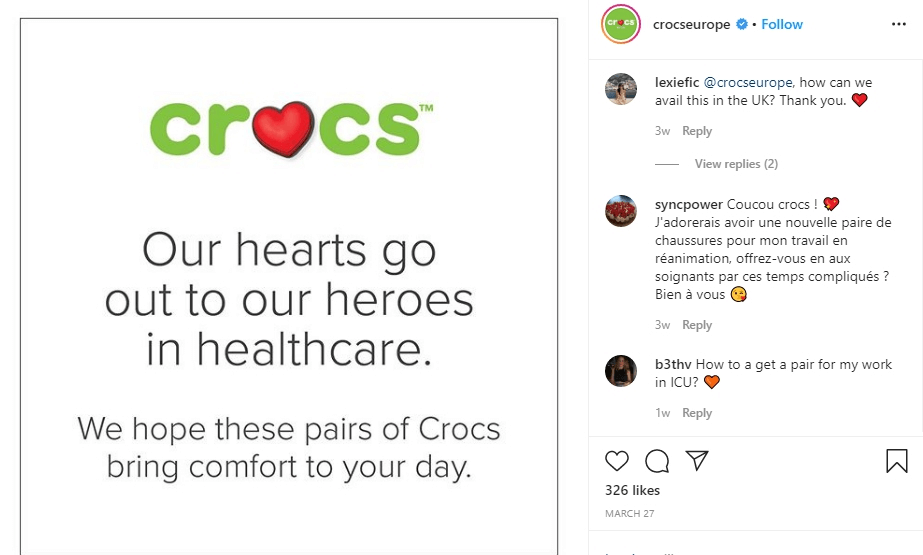 Crocs Europe announced free Clogs to coronavius health workers