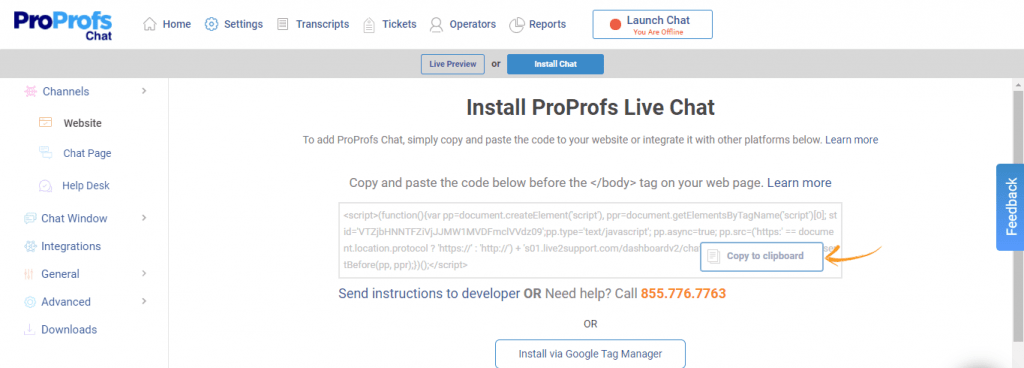 copy the live chat code and embed on your website