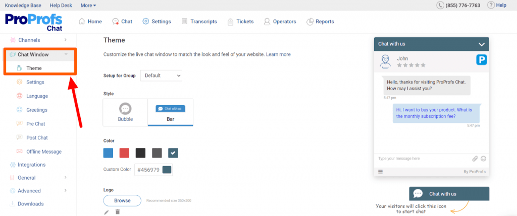 under settings click on theme to begin the chat widget customization