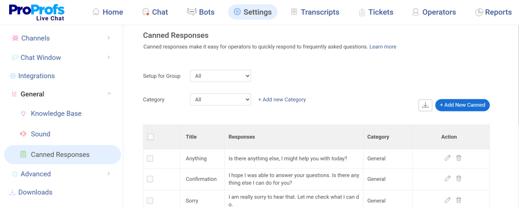 Canned response ProProfs Live Chat 