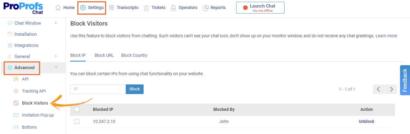 ProProfs Chat Block IP