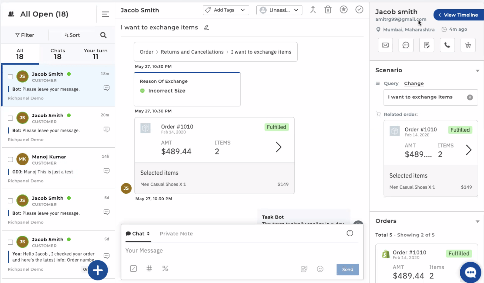 Richpanel live chat interface