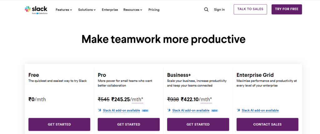 Slack for Teams subscription pricing tiers.