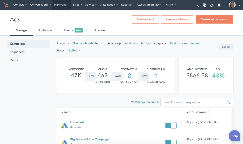 Screenshot of HubSpot Ads tracking and ROI calculator.