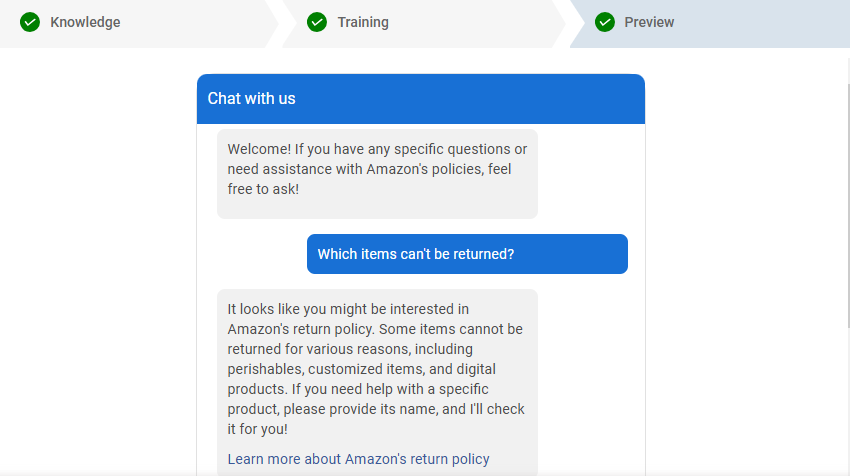 ProProfs AI chatbot preview when training with your data