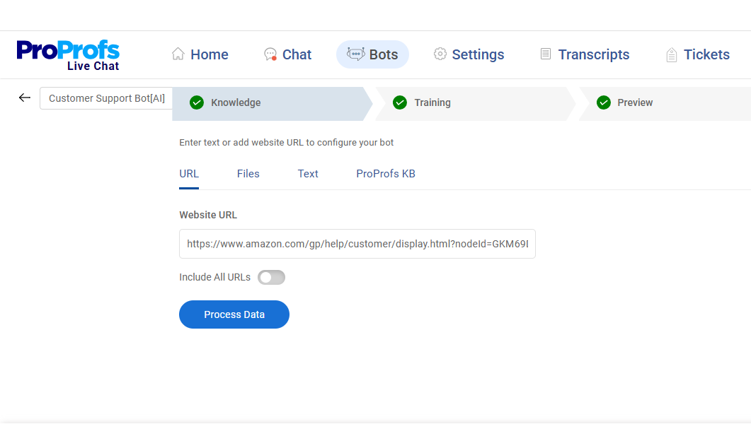 Train Chatbot with own Data with ProProfs Live Chat 