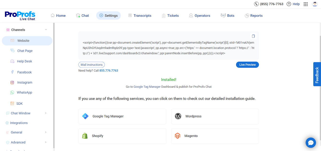 live chat installation complete