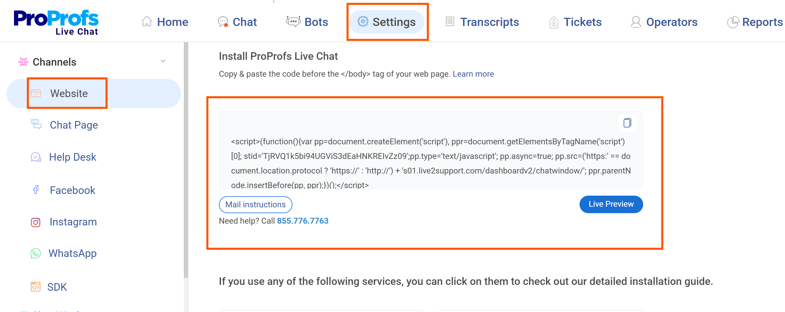 Live chat installation 